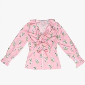 NWT Batsheva Nia Blouse Blush Calla Lilly Print Size 8 Tie Front Ruffle Collar